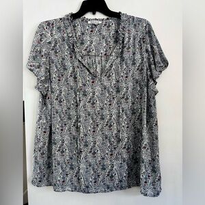 Rose & Olive Blue Floral V-Neck Flutter Sleeve Blouse
